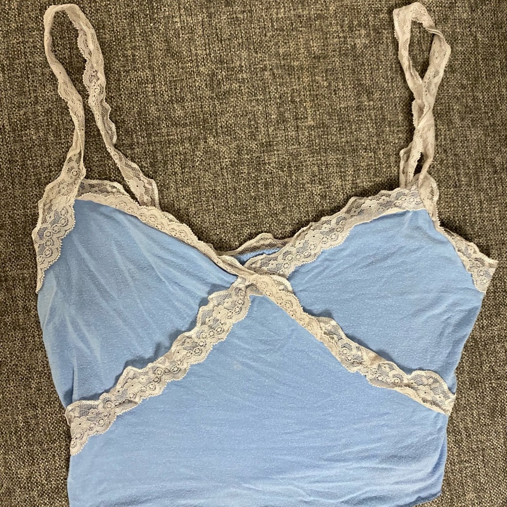 SHEIN Blue Crop Top with Lace Trim